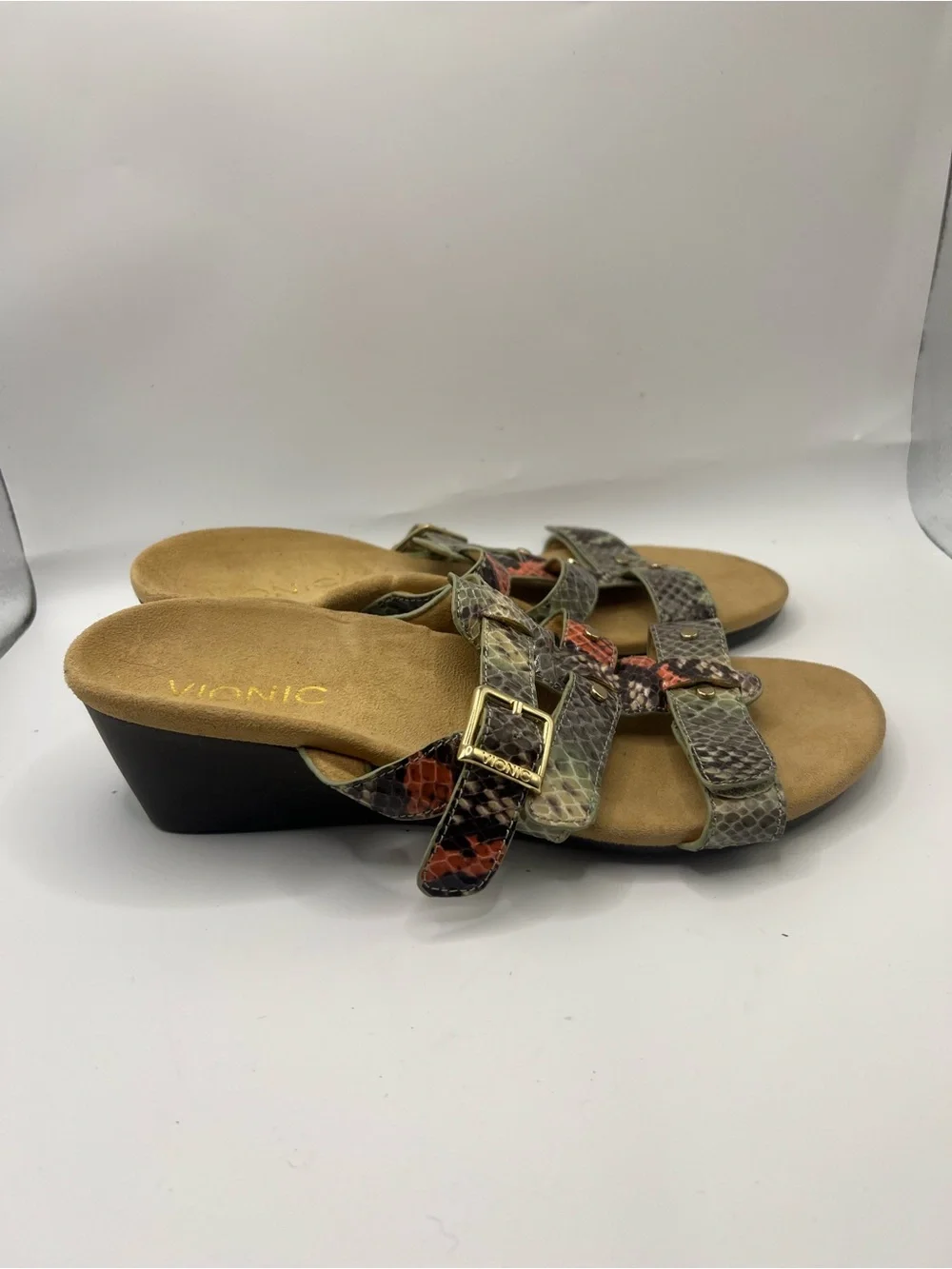 Vionic Women's Multi Snake-Print Wedge Sandals - Neutral with Red Accents